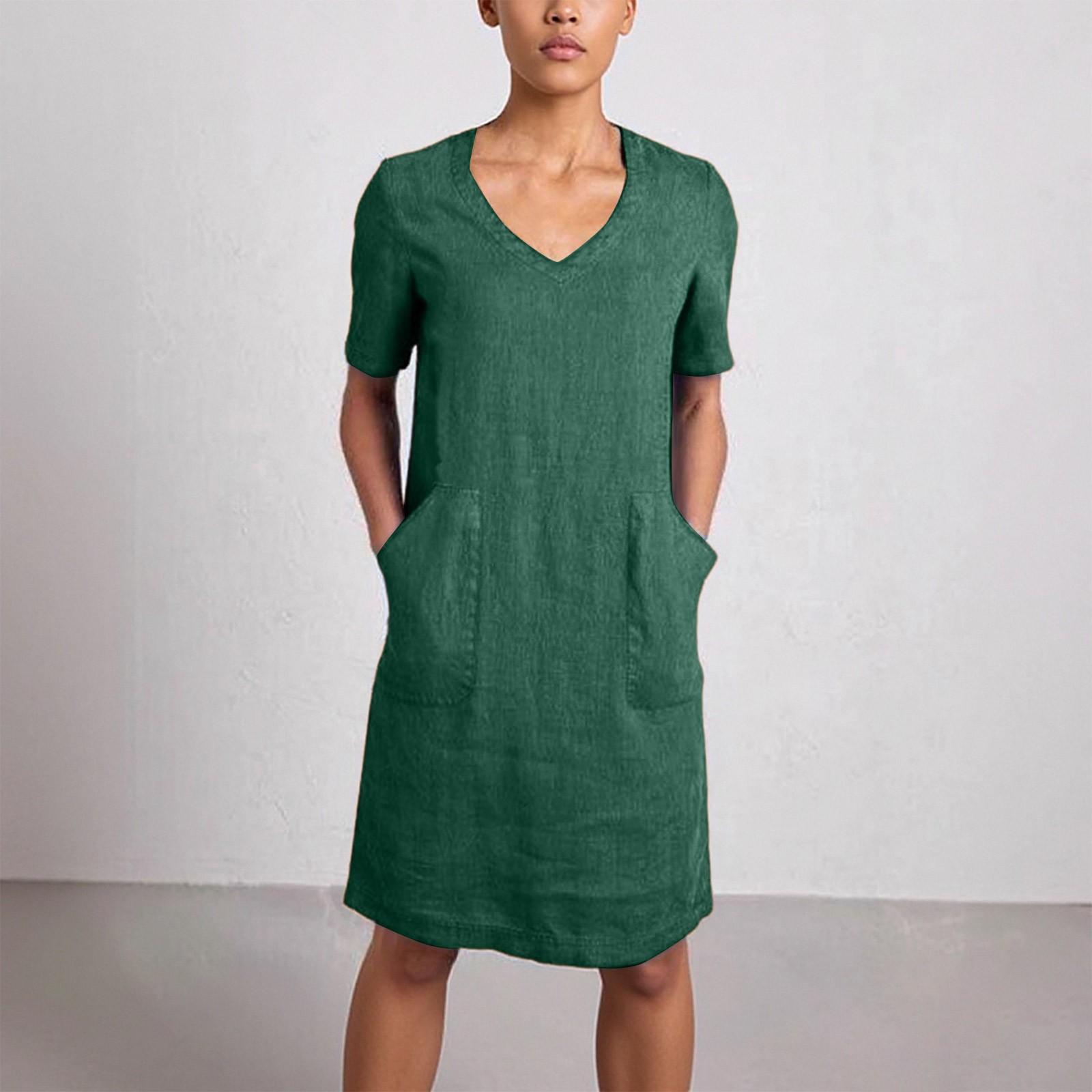 

Fashion Ladies Casual Loose Retro Cotton And Linen Short-sleeved V-neck Pocket Dress L армія зелений колір