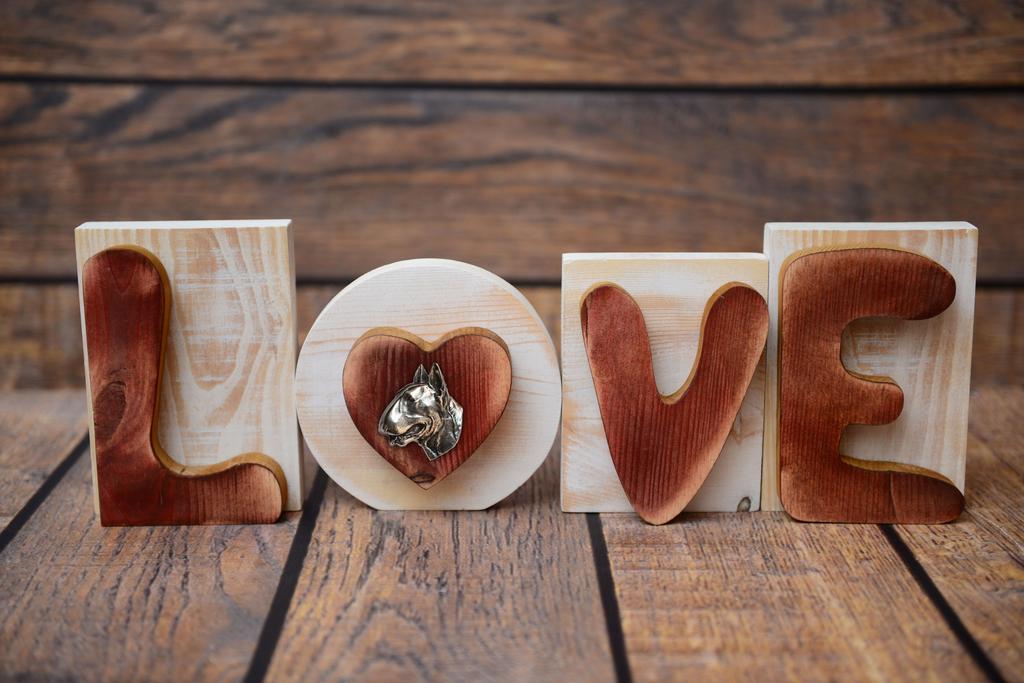 Bull Terrier, Bully II - wooden LOVE sign, interior decoration with a dog, charming ornament for the shelf by Art-Dog brand