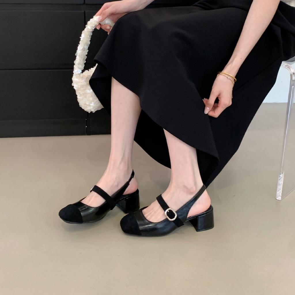 2025 Winter New Round Head Thick Heel Shallow Mouth Word with Buckle Rear Air Heel Mary Jane Women's Shoes