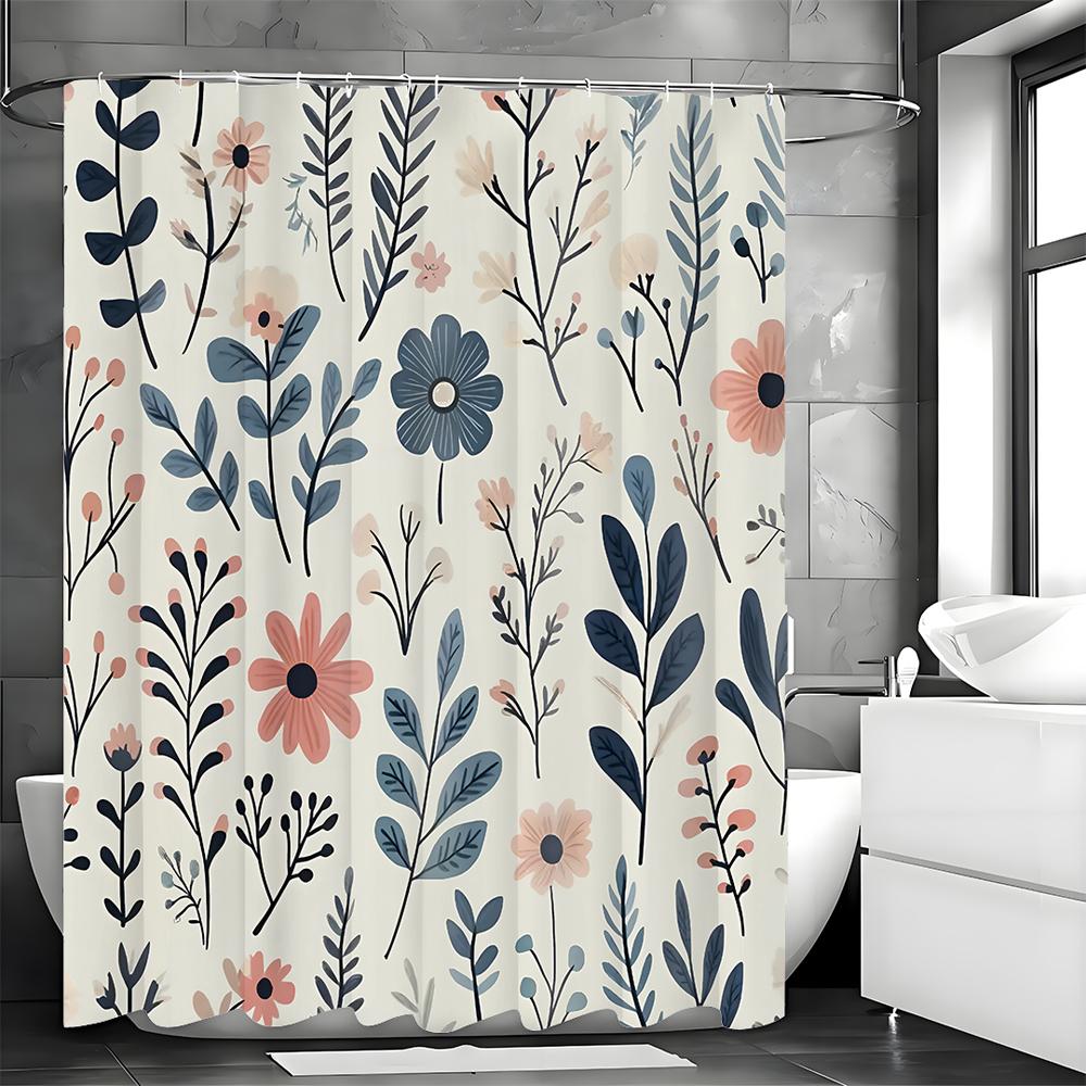 Rustic Style Floral Plant Shower Curtain, Bathroom Decorative Shower Curtain, Waterproof Shower Curtain with Hooks