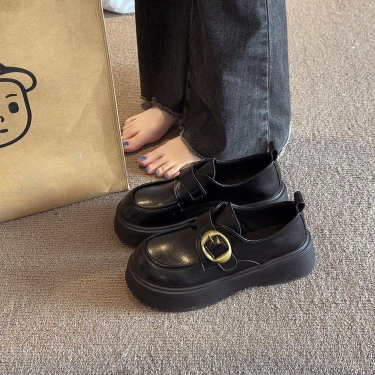 British style small leather shoes women s spring 2025 new muffin thick-soled round head versatile Velcro black loafers 35 5269₽