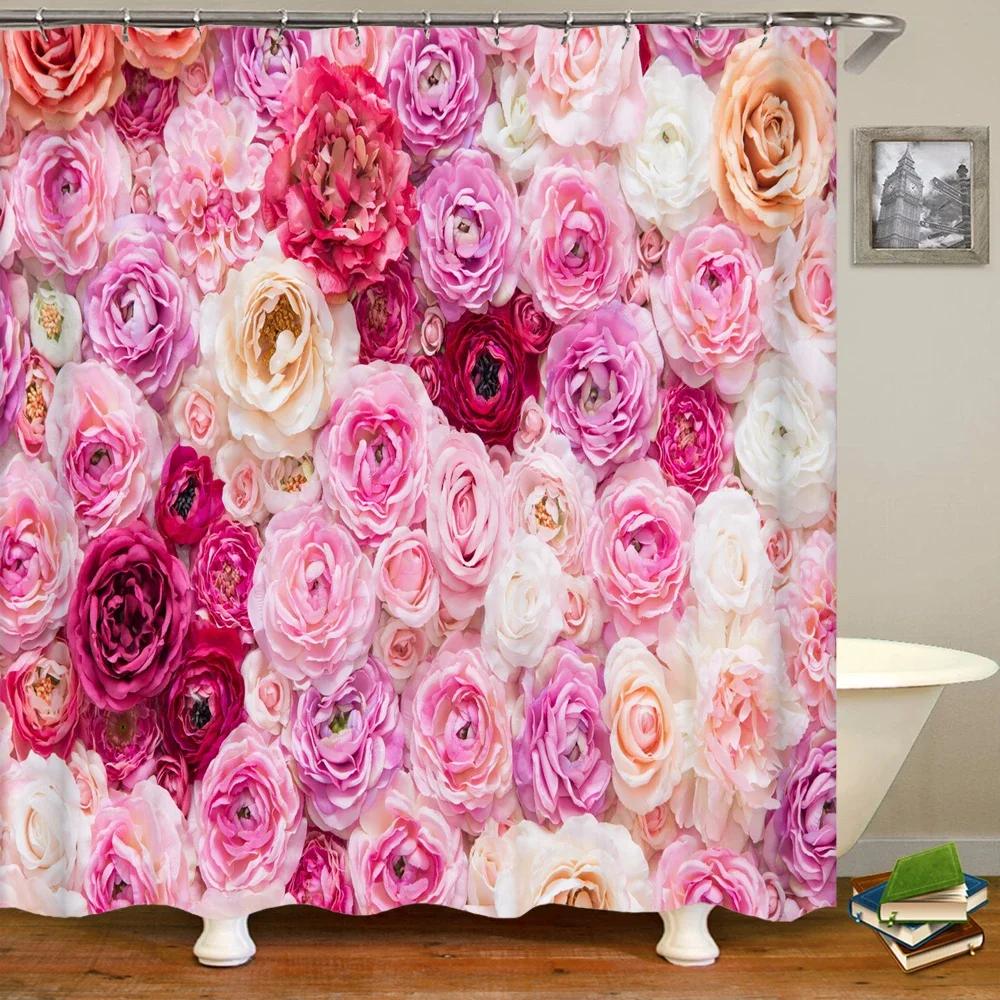 Romantic Rose Garden Print Water-resistant Shower Curtain with Lush Floral Design for Romantic and Serene Bathroom Decor