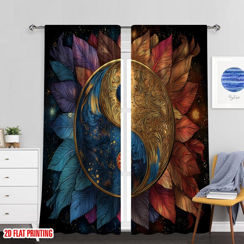 2pcs 2D Flat Printing Scene Curtain Yin Yang Feathers Cosmic Digital Printed Polyester Drapes Holiday Decorations for Holiday