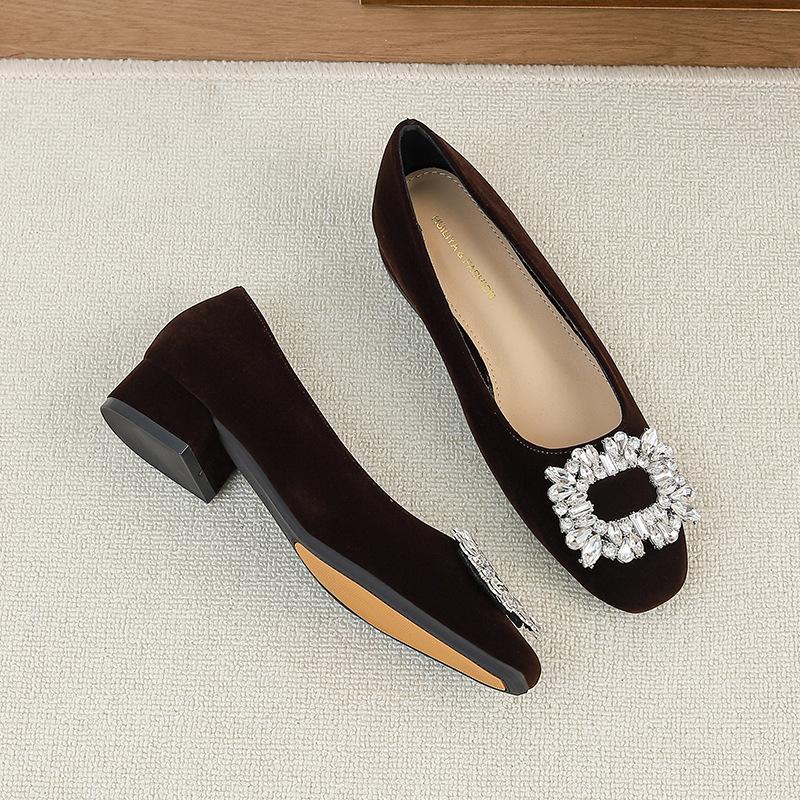 

W 2218-60 туфли-лодочки для женщин, новые, 2025 год, с французским темпераментом, элегантные, со стразами, на толстом каблуке, вечерние 40 коричневый