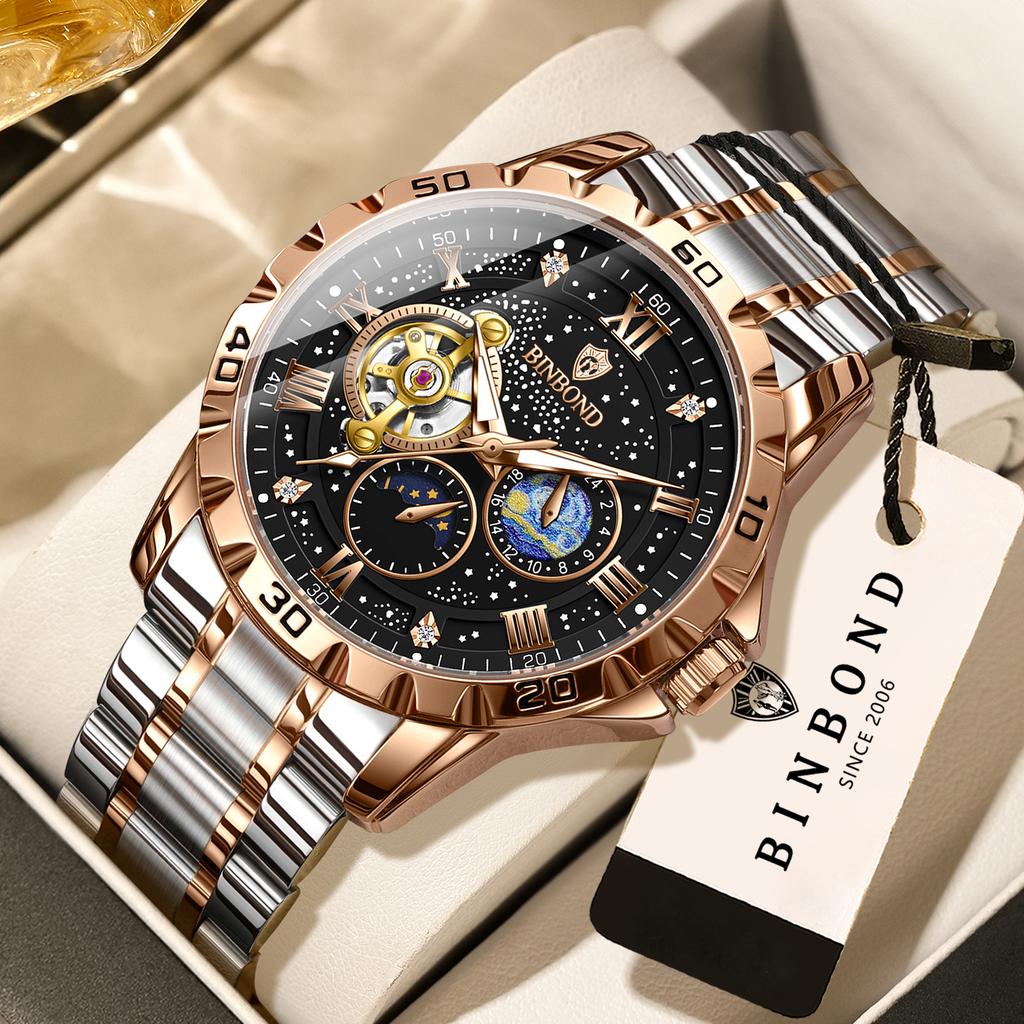 BINBOND Mechanical Wristwatches For Men Tourbillon Luminous Relojes Waterproof Automatic Men's Watch Skeleton Luxury Reloj +Box