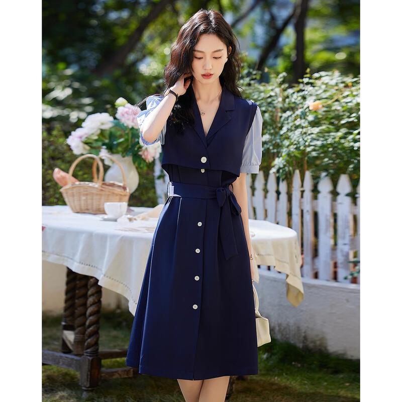 Demana Summer Color Block Tie-Waist Midi Dress