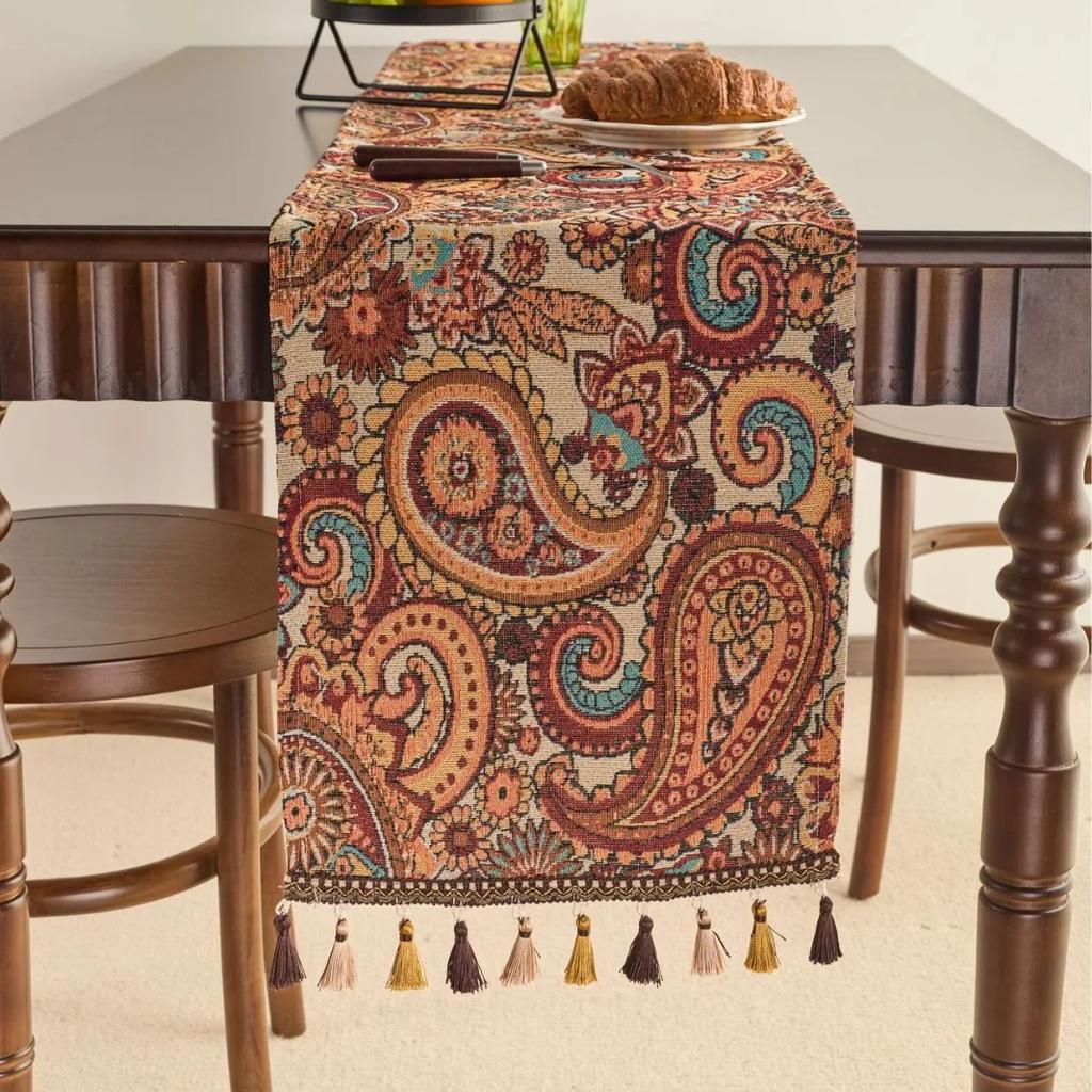 Chinese Style Vintage Tassel Table Runner Jacquard Living Room Bed Tail Coffee Dining Table Decoration Accessories Rustic Decor