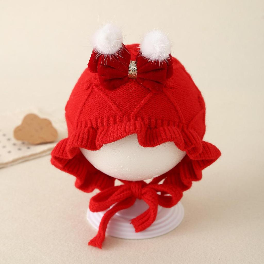 Unisex Baby Red Knitted Wool Hat with Ear Protection - Festive National Tide Style, Warm for Winter & New Year