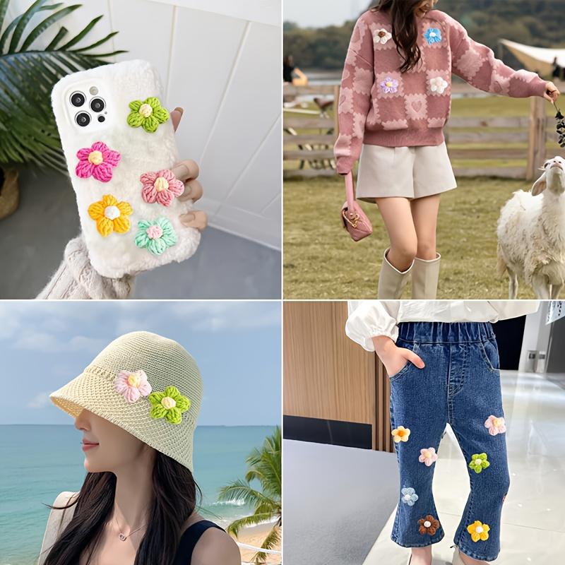 WTEMPO Random Crochet Flowers Kit Puff Knitted Flowers Handmade Crochet Flowers for Crafts Embellishments DIY Hair Headbands Clothing Accessories