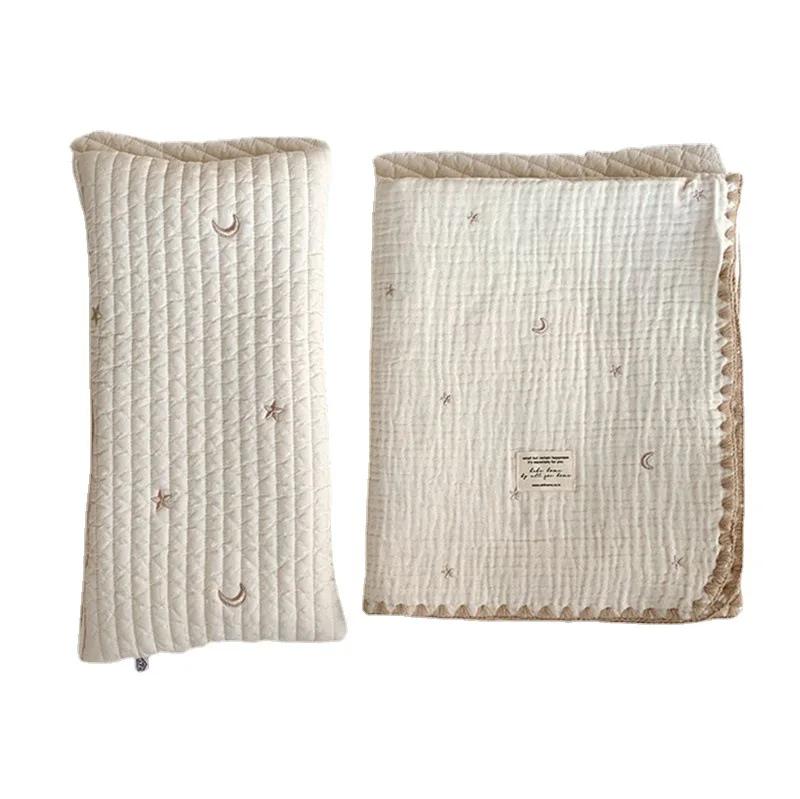 Newborn Pure Cotton Flat Pillow, Quilted with Cartoon Squirrel & Bear Embroidery, Breathable & Soft