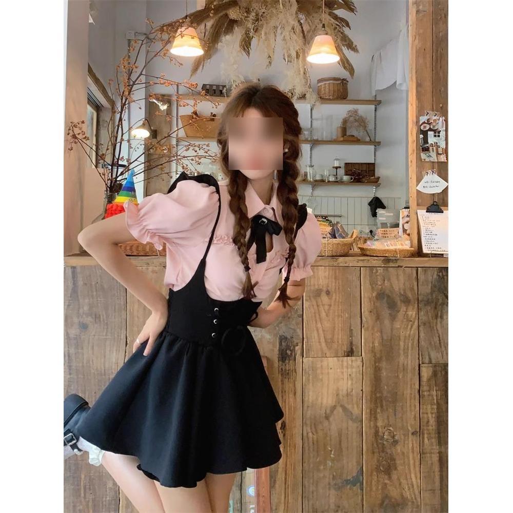 

Женский милый и пикантный розовый кружевной сарафан на шнуровке с рубашкой с пышными рукавами, комплект из двух предметов XL (55-60kg) розовый