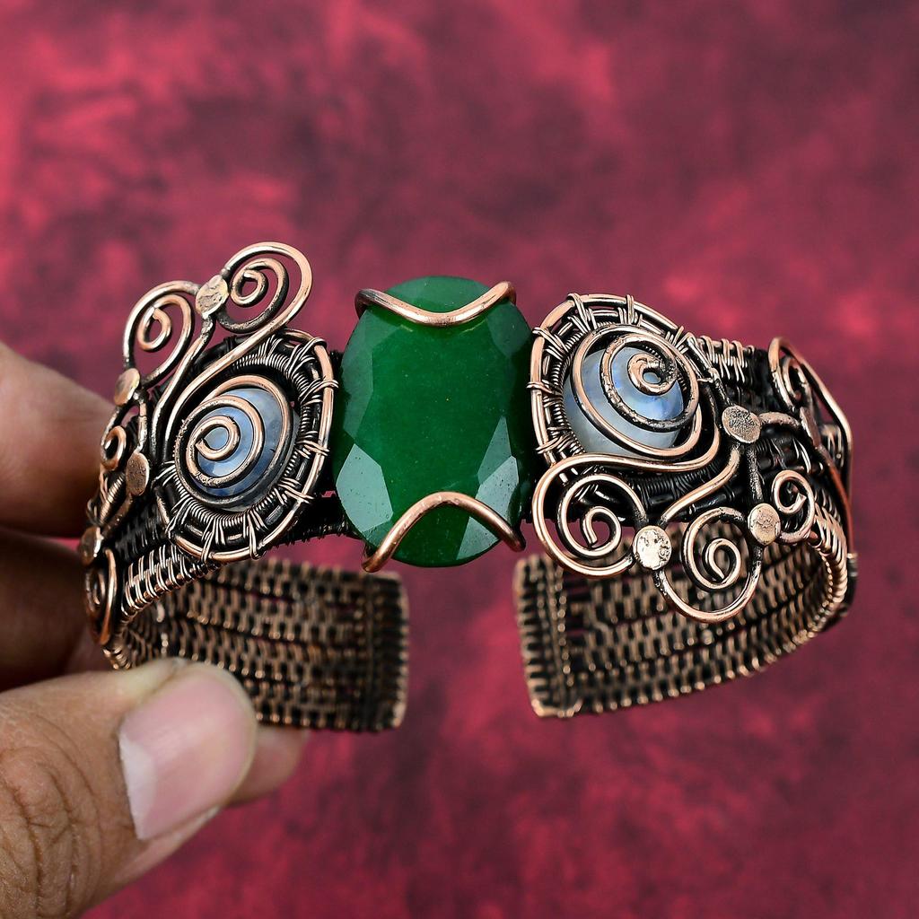 Faceted Zambian Emerald Cuff Bracelet Copper Wire Wrapped Adjustable Bangle Rainbow Moonstone Gemstone Cuff Handmade Copper Jewelry For Gift