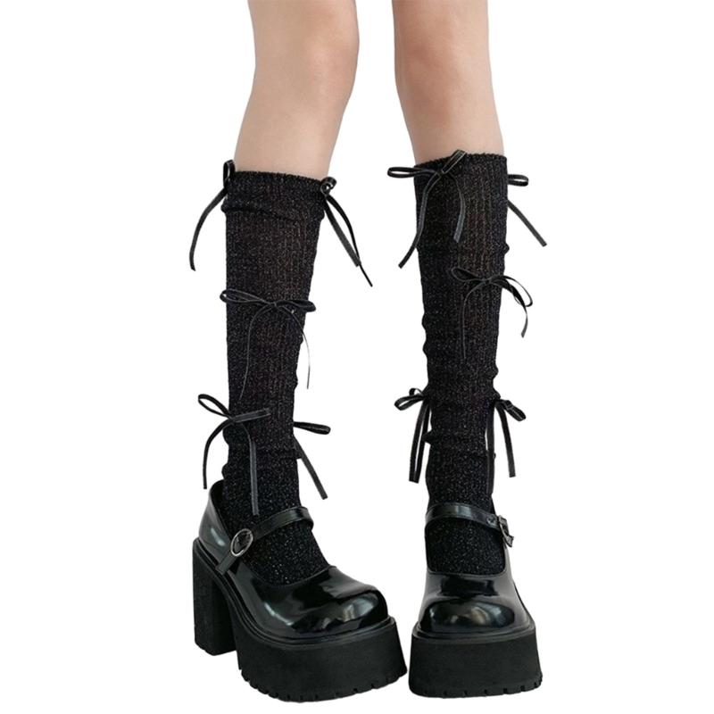 

Японский стиль мерцающие носки средней длины в рубчик для женщин и девочек, милые носки с бантом-бантиком, длинные носки, чулки 1 чёрный