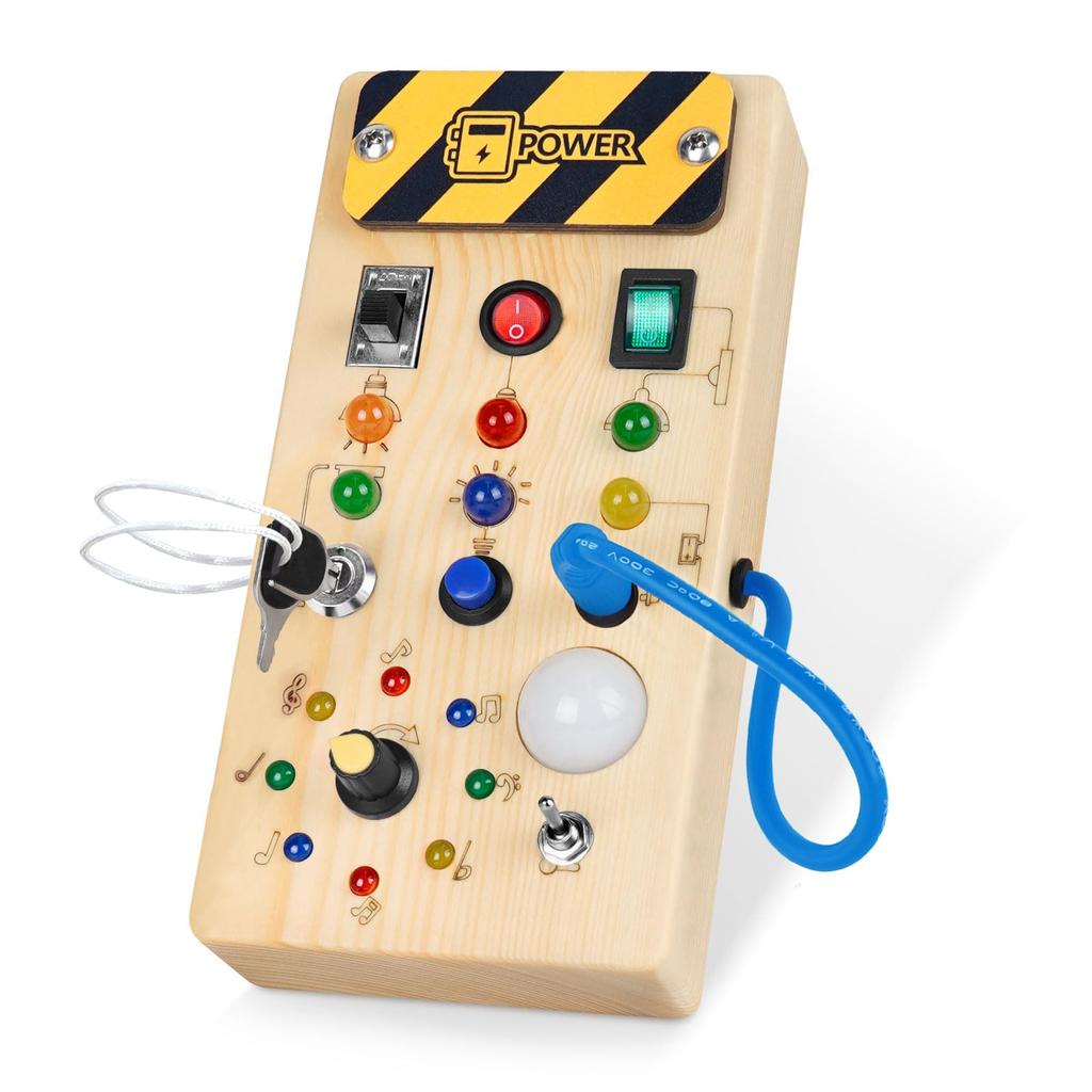 Montessori Busy Board Wooden with 8 LED Light Switches Sensory Toys Travel Toys for Babies and Toddlers Ages Toddler/Baby 1+