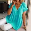 Summer new women's casual loose fashionable cotton and linen short-sleeved solid color V-neck pullover pleated top