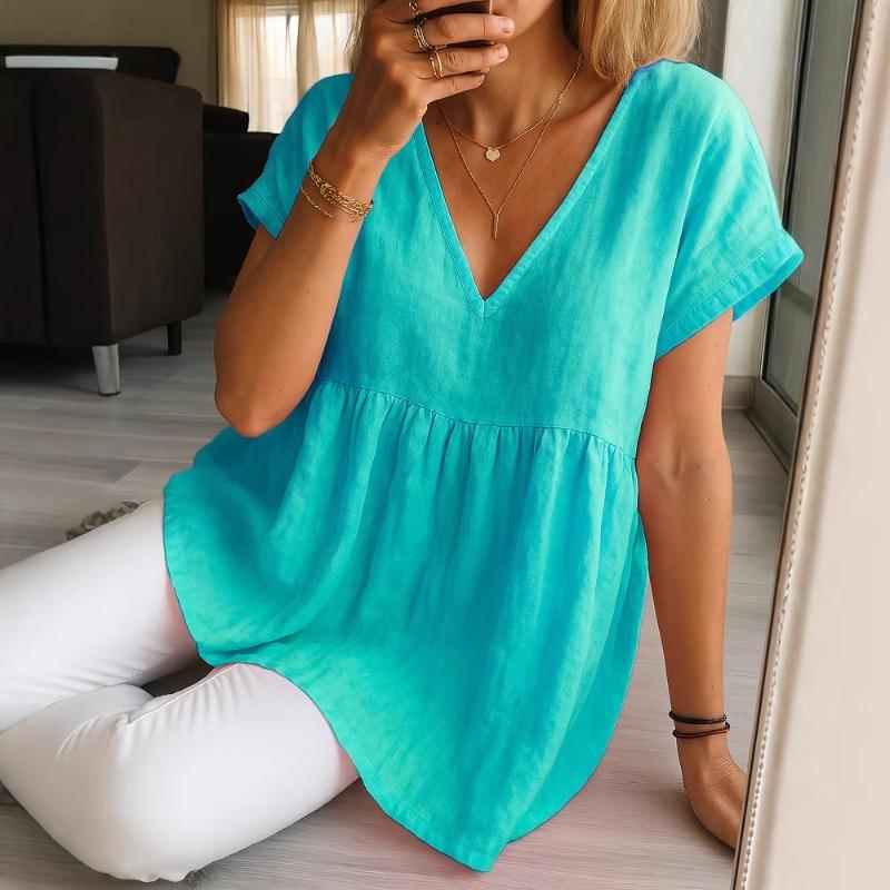 Summer new women's casual loose fashionable cotton and linen short-sleeved solid color V-neck pullover pleated top