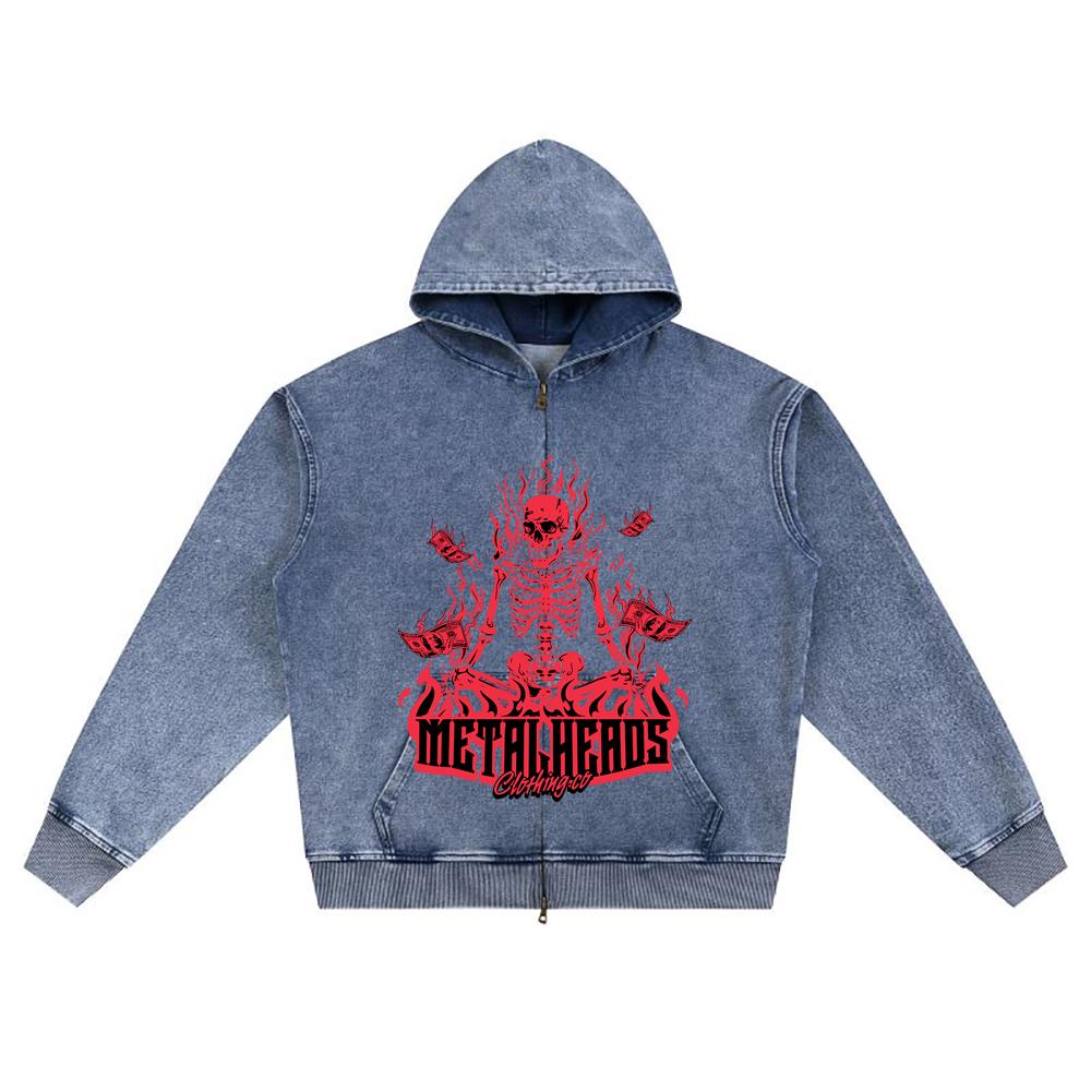 DTG print Knitted Denim Zip-Up Hoodie Metalheads Brother Print Zipper Hoodies  