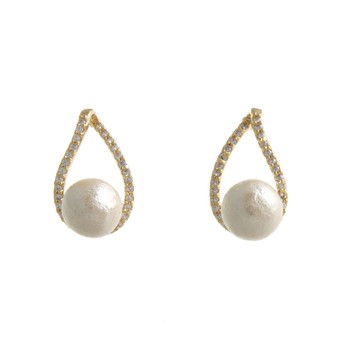 

VINGTAINE Cotton Pearl Teardrop Curve Line Earrings Cubic Titanium Post Kiska [Vintaine] P1557-