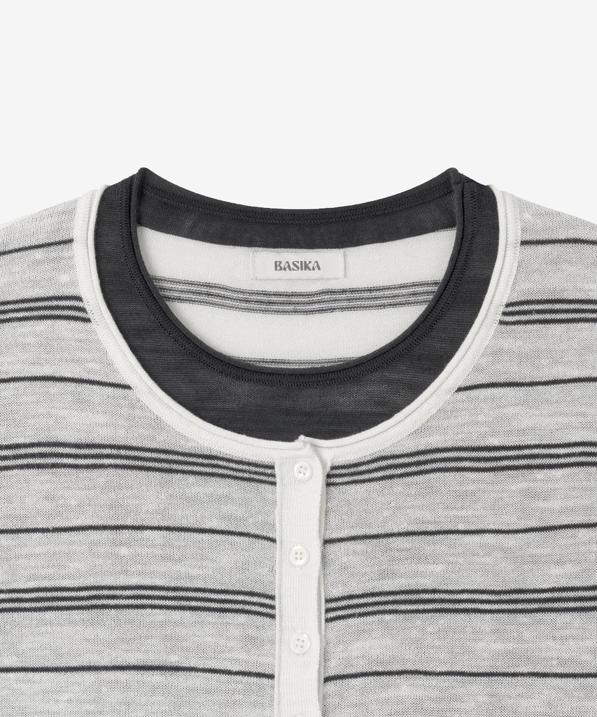 BASIKA Striped Layered Henley Neck Knit (White)