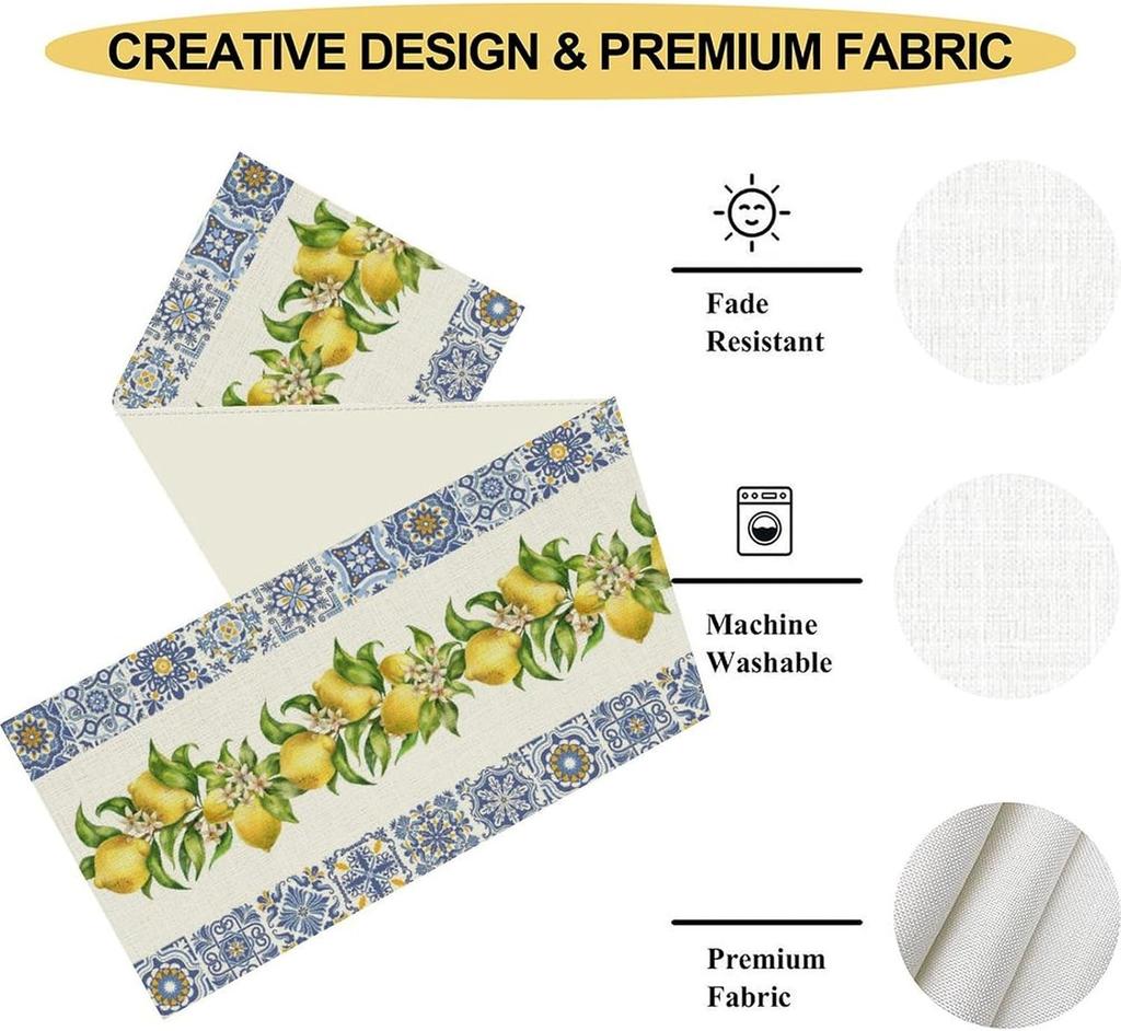 Summer Lemon Blue Tiles Linen Table Runner Party Decor Watercolor Floral Fruit Leaves Kitchen Dining Table Runners Home Decor