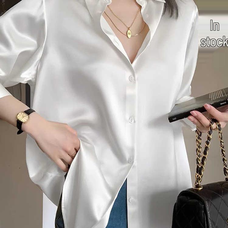 French Luxury White Satin Women's Spring Loose Fit Sun Protection Shirt