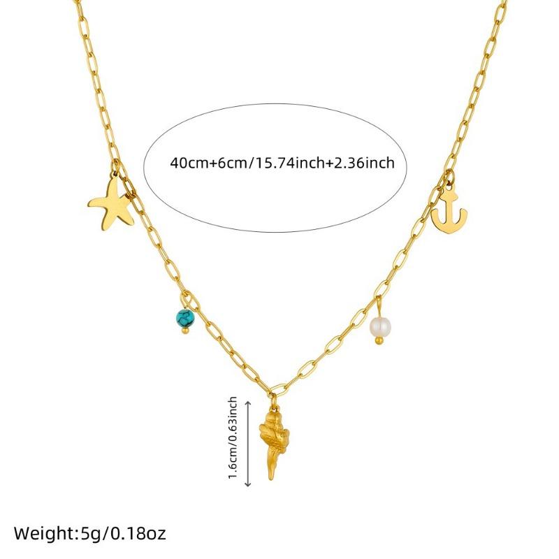 Gold Paperclip Chain Ocean Charm Necklace with Starfish and Anchor