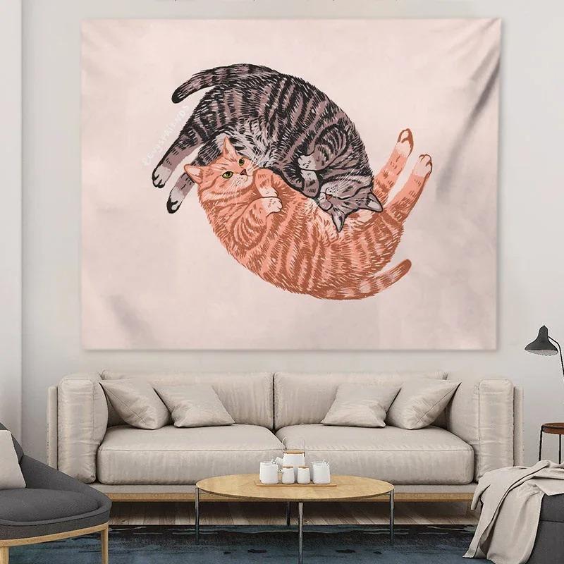Çizgi Film Kedi Desenli Dekoratif Goblen Ev Duvarı Oturma Odası Ofis Dekoratif Goblen