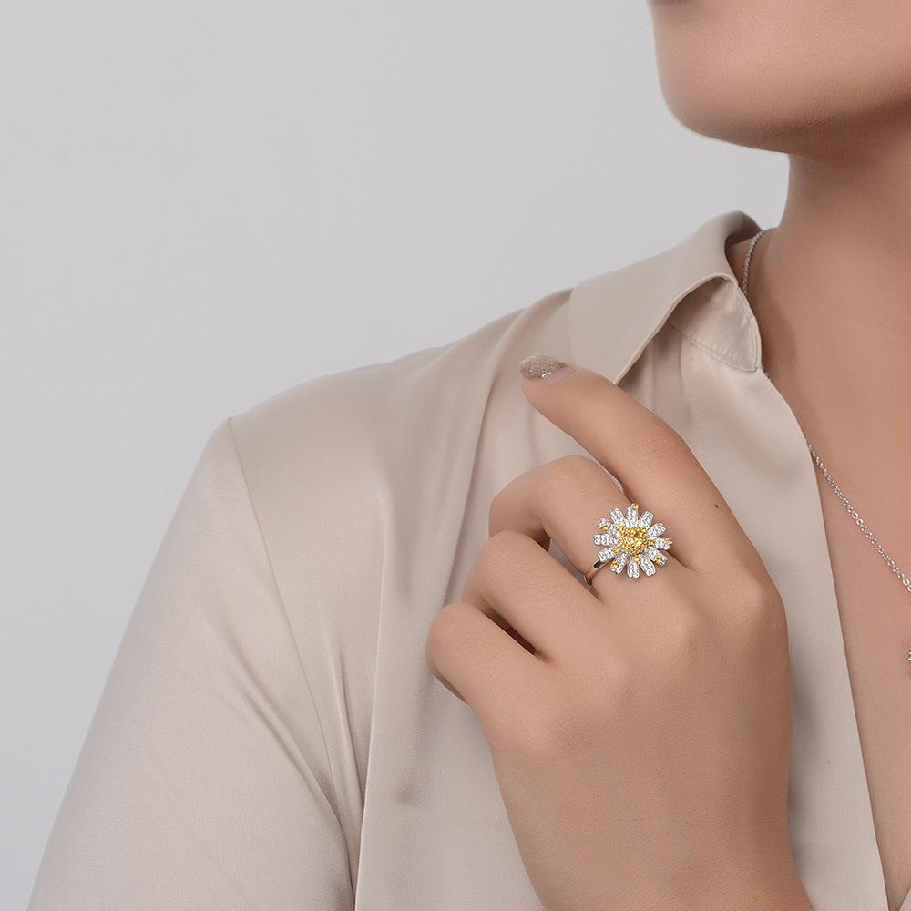 Tancise Creative Daisy Ring Female Deluxe Inlaid Zircon Fashion Elegant Flower 925 Sterling Silver.