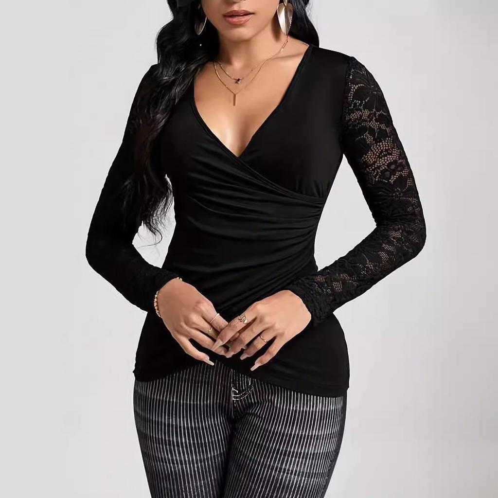 2024 Autumn/Winter Slim Fit Solid Color T-Shirt with Lace Sleeves for Women