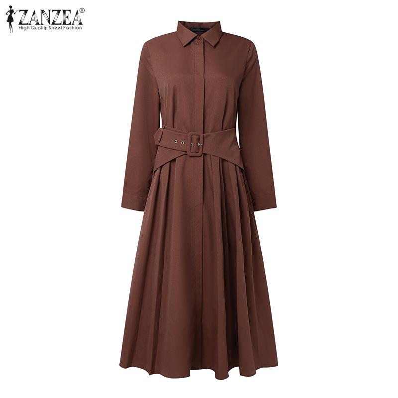 ZANZEA Women Casual Turn Down Collar Long Sleeve Loose Long Dress