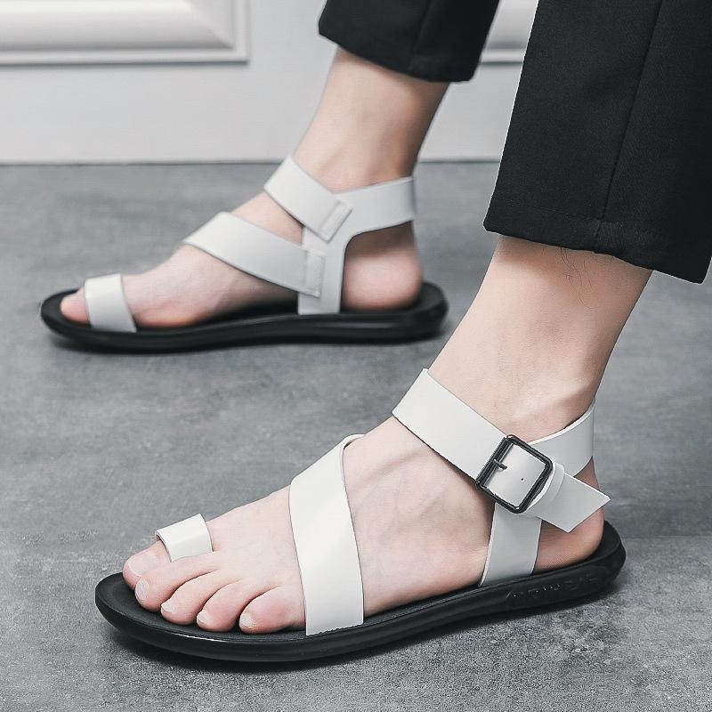 2025 Summer Classic Black/White Men Rome Genuine Leather Roman Sandals Gladiator Breathable Sandals Romanas Hombre Flat Sandles