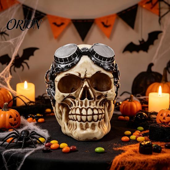 Steampunk Style Skull Statue Hip-hop Headphone/Steampunk Figurine, Resin Skeleton Statue, Vintage Realistic Bone Color Home Decor Ornament for Haunted