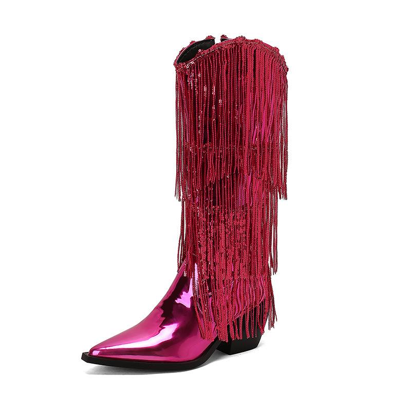 Fashion IPPEUM Fringe Cowboy Boots For Women  Mid Calf Pu Leather Size 46 Winter Knee High Western Silver Cowgirl Shoes