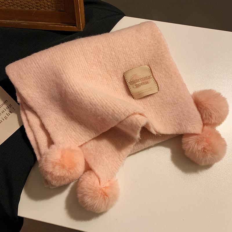 

Красный пушистый вязаный шарф с помпоном женский осенне-зимний атмосферный милый утолщенный теплый рождественский шарф 172cm розовый