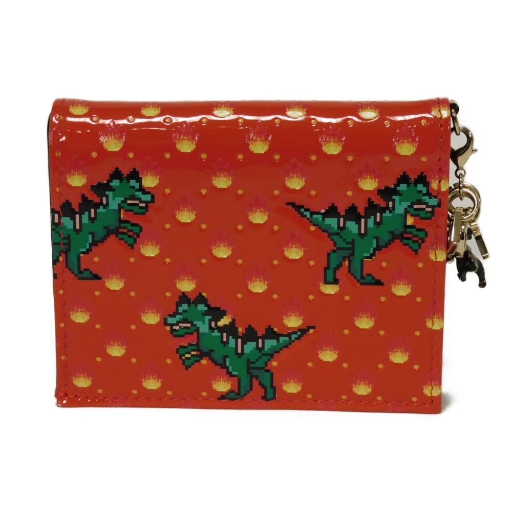 Used 10656 Dragon & Fire Compact Wallet 7941 Patent Embossed Multicolor Logo Charm Orange Red Unisex from Japan