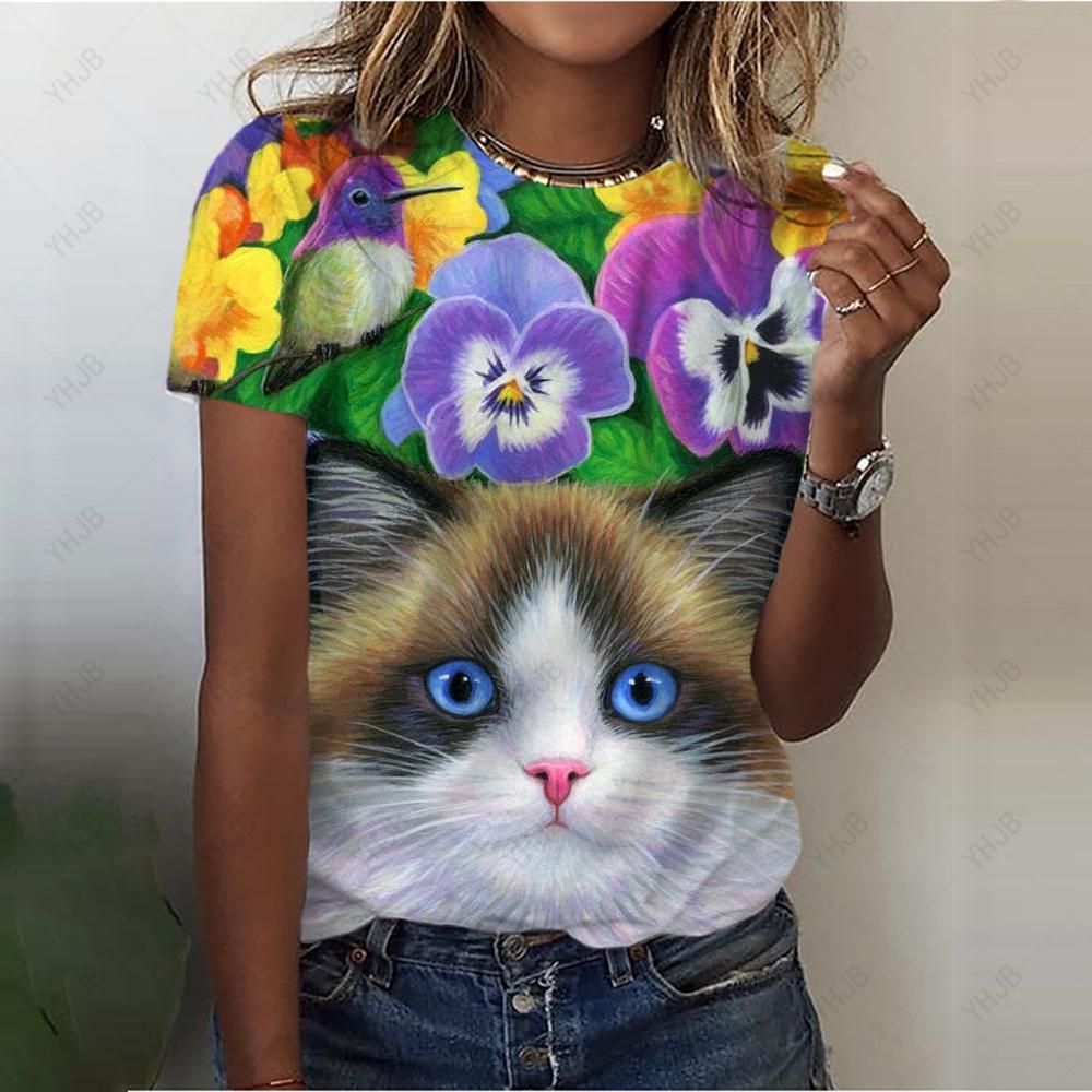 Sommer Rundhals 3D Katzenprint Top Modische Lässige Kurzarm Damen T-Shirts