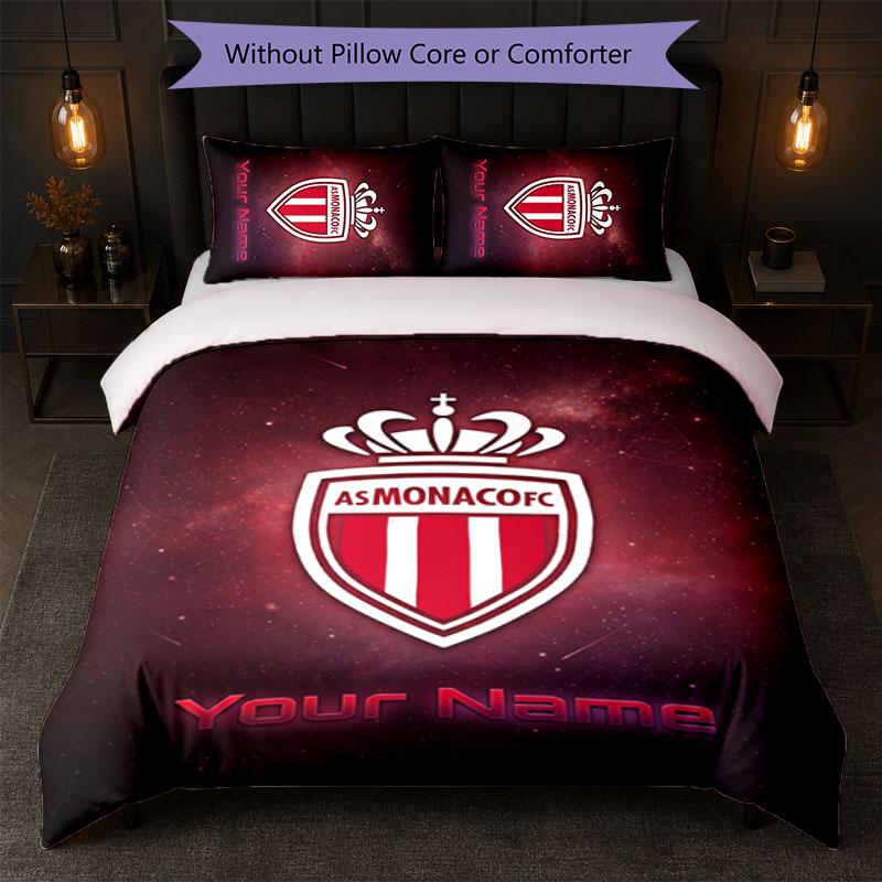 Monaco FC Custom Name Text Bedding Set 1 Duvet Cover+2 Pillowcases Soccer Logo Personalized Gift For Special Occasion Bedroom Decor