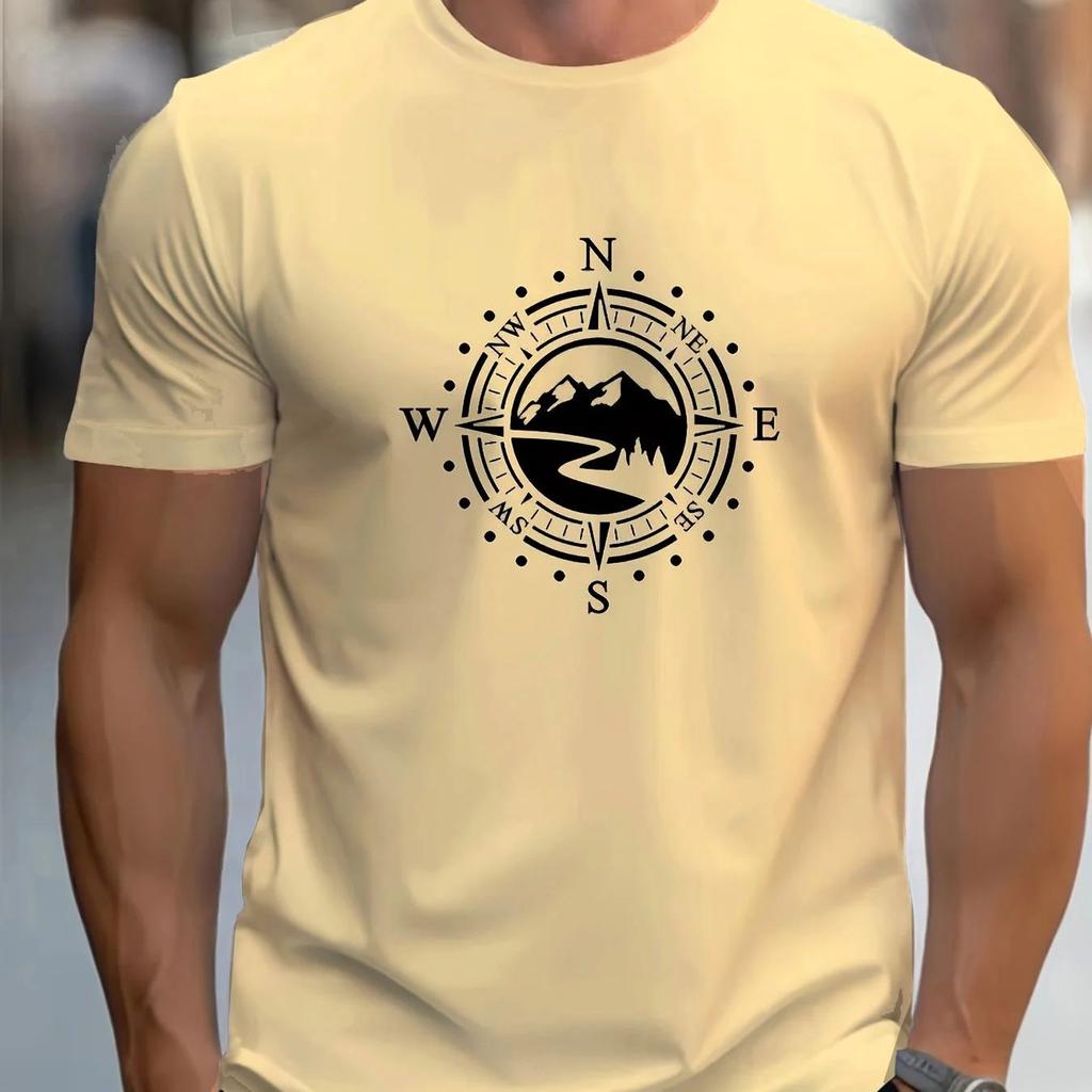 The 2025 summer new mens Tshirt features a casual large compass pattern print a sporty and comfortable roundneck shortsleev