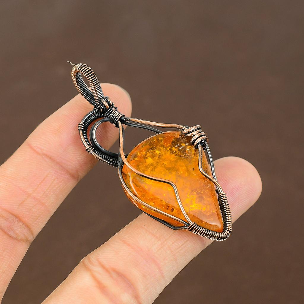 Baltic Amber Handmade Copper Wire Wrap Pendant 2.44" I5j81