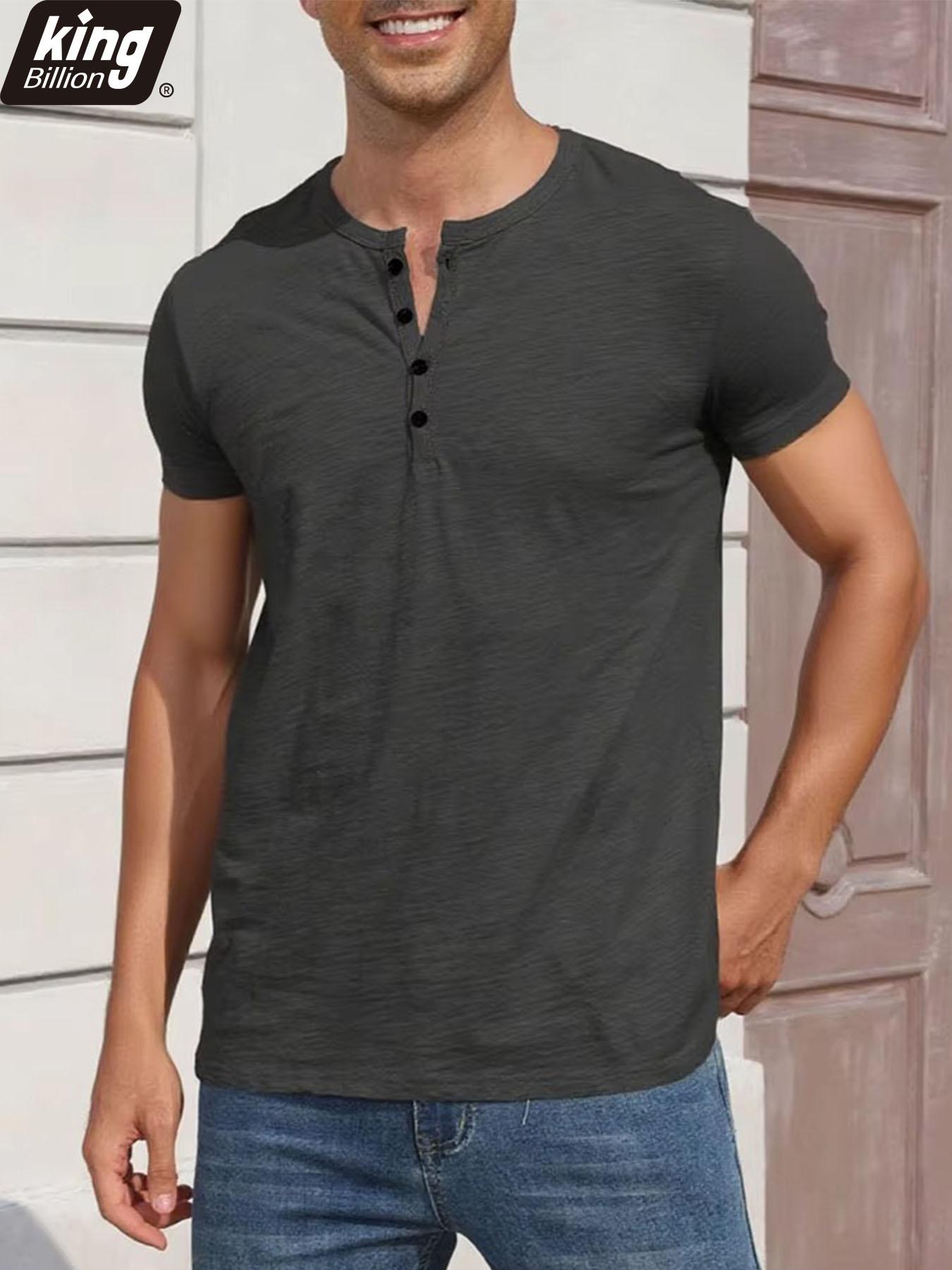 

Мужская хлопковая футболка Модный дизайн на пуговицах Дышащая Однотонная С коротким рукавом Хенли Топы Приталенный Уютные Повседневные футболки для мужчин S чёрный