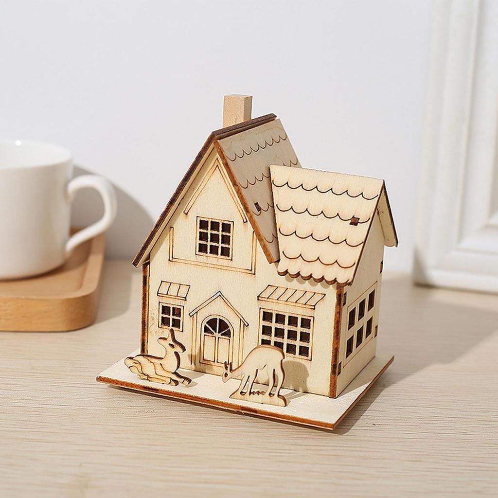 3PCS Wooden Village Houses LED Table Christmas Cabin Farmhouse Desktop Ornament Mini Wooden House for Holiday Home Decoration