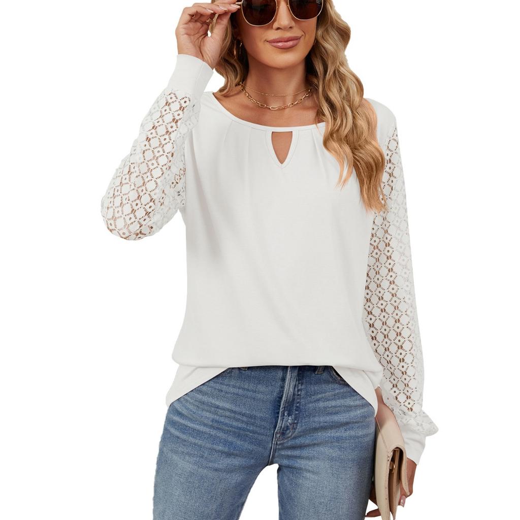Fall Winter New Women's Solid Color Lace Splicing Loose Long Sleeve T-shirt Top For Cross-border Europe America
