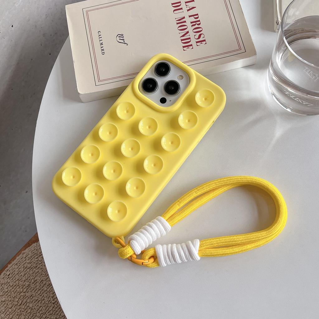 Fashion 3D Cute Candy Liquid Silicone Suction Cup Case For iPhone 16 15 14 Plus 11 12 13 Pro Max Soft Lanyard Wrist Strap Cover