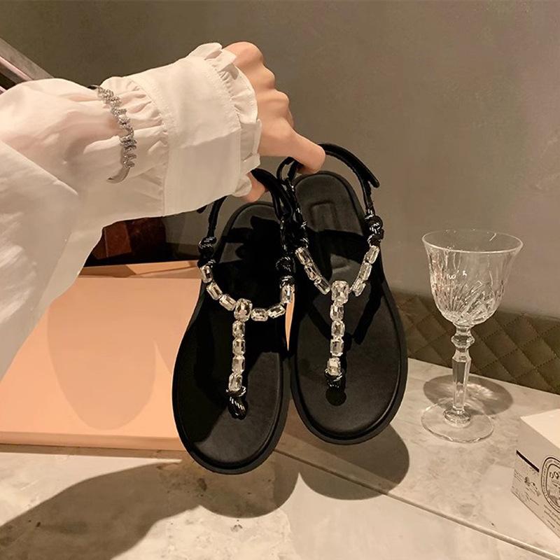 

Виноградная мать сверкающие стразы~ ветер плоская подошва веревочный узел универсальный носок шлепанцы сандалии женские летние модели 35