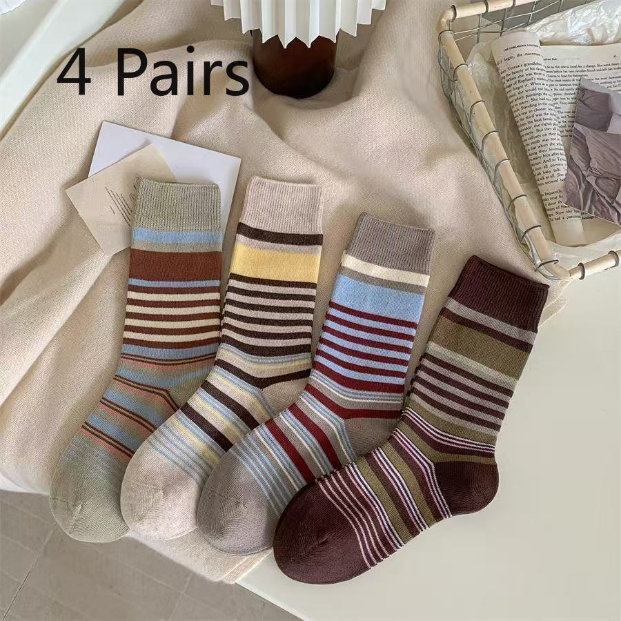 

4 пары полосатых носков, женские осенне-зимние чулки до бедра, простые и универсальные хлопковые носки, носки-пиле без косточек с защитой от запаха, высокие носки 4 pairs