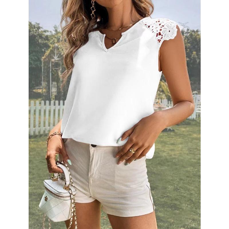 Women's Temperament V-neck Patchwork Lace Sleeve Vest Top for Women T-Shirts