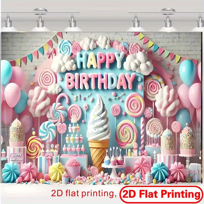 2D Sweet Candy Happy Birthday Backdrop Lollipop & Cupcake Photo Booth Background