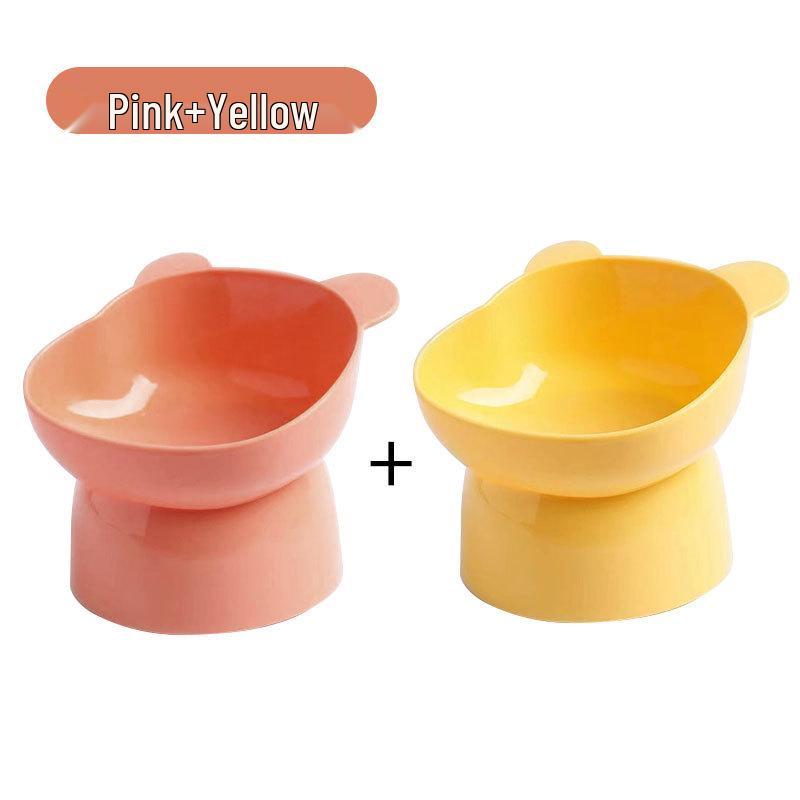 Pet Cat Bowl with Slanted Mouth and Anti-Overturn Design, High Foot, Elephant Leg Neck Protection, Cute Plastic, Four Colors.