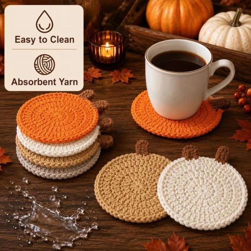 Halloween Pumpkin Coasters Handmade Coffee Mugs Mats Creative Knit Cup Mats  Fall Table Decor