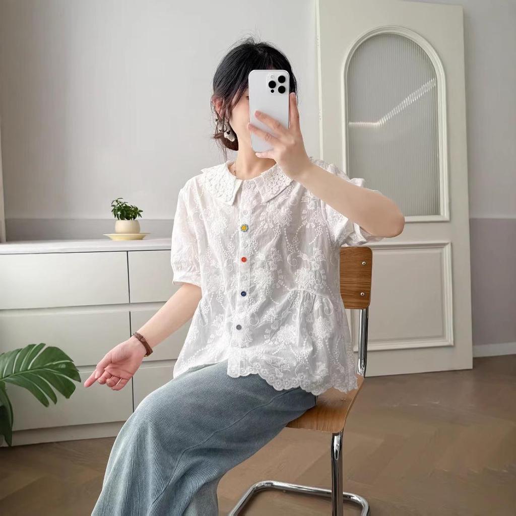 Dámská letní košile s límečkem Petra Pana 2025: Módní, Všestranná, Volná, Zeštíhlující, Omlazující, Halenka s krátkým rukávem